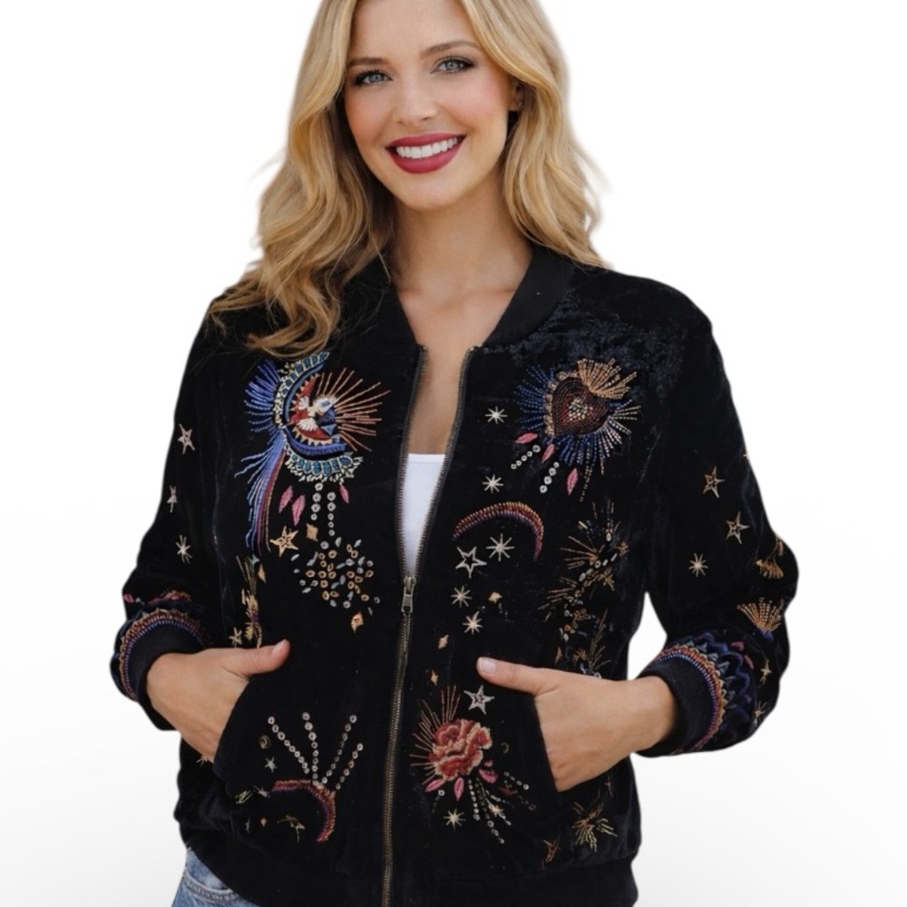 Johnny Was heavily embroidered celestial Victoria velvet bomber jacket NWT RARE
